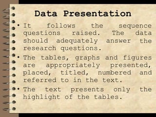 Data Presentation
• It follows the sequence
should adequately answer
questions raised. The data
the
research questions.
• The tables, graphs and figures
are appropriately presented,
placed, titled, numbered and
referred to in the text.
• The text presents only the
highlight of the tables.
 