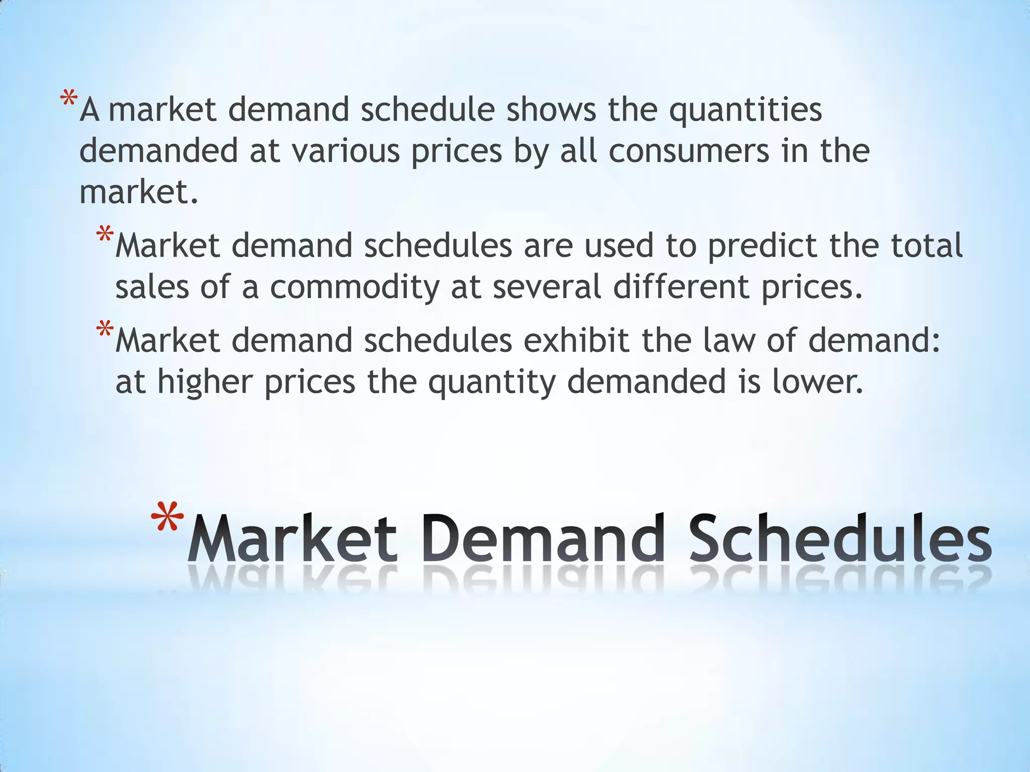 *
*A market demand schedule shows the quantities
demanded at various prices by all consumers in the
market.
*Market demand schedules are used to predict the total
sales of a commodity at several different prices.
*Market demand schedules exhibit the law of demand:
at higher prices the quantity demanded is lower.
 