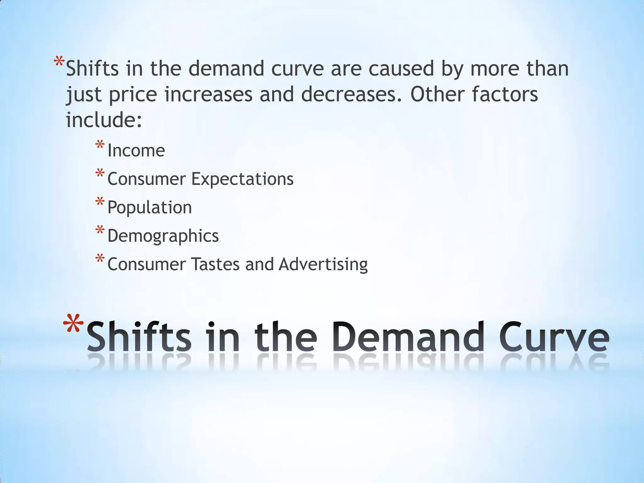 *
*Shifts in the demand curve are caused by more than
just price increases and decreases. Other factors
include:
*Income
*Consumer Expectations
*Population
*Demographics
*Consumer Tastes and Advertising
 