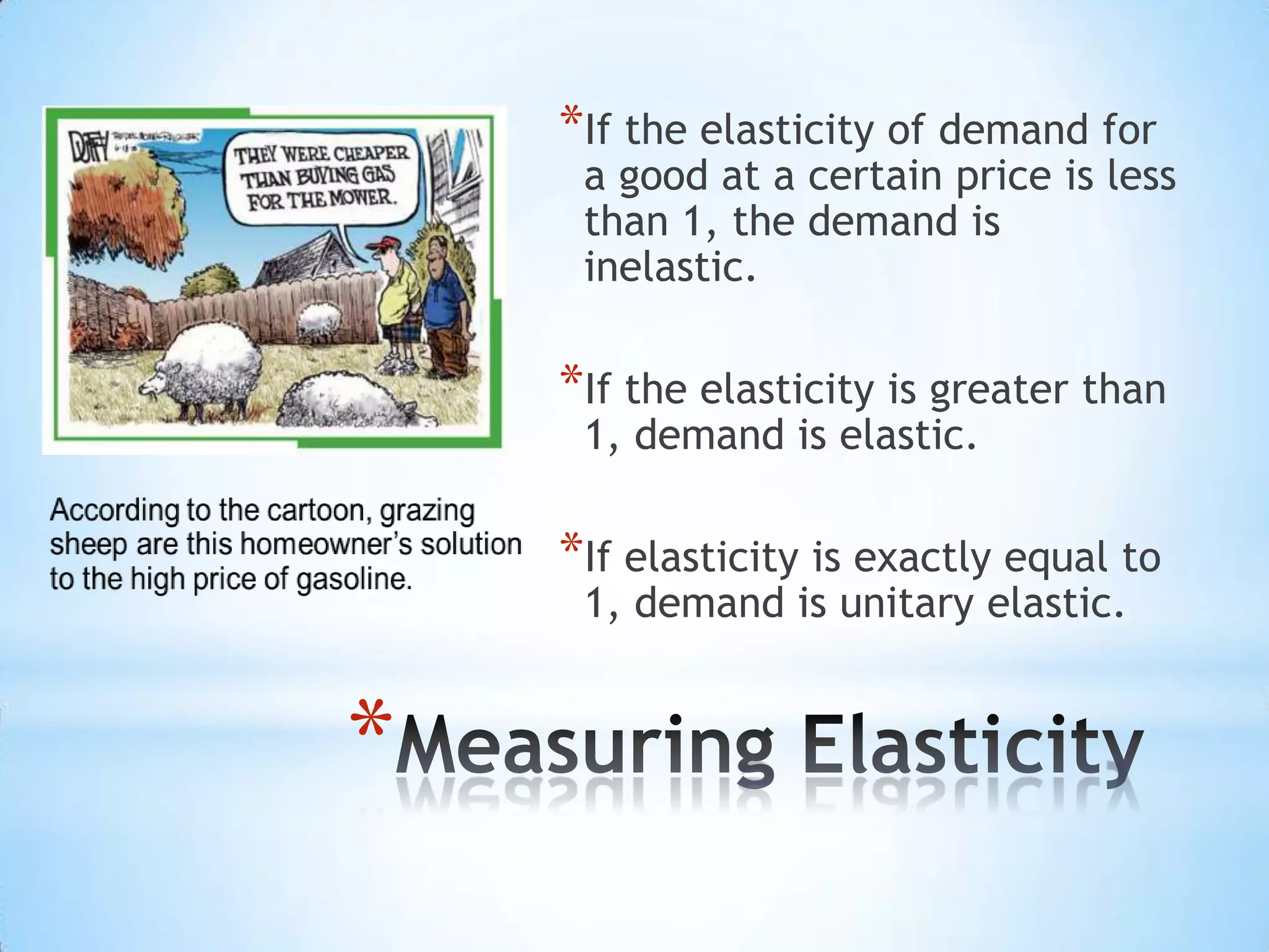 *
*If the elasticity of demand for
a good at a certain price is less
than 1, the demand is
inelastic.
*If the elasticity is greater than
1, demand is elastic.
*If elasticity is exactly equal to
1, demand is unitary elastic.
 