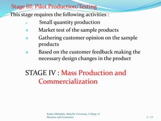 Stage III: Pilot Production/Testing
This stage requires the following activities :
 Small quantity production
 Market test of the sample products
 Gathering customer opinion on the sample
products
 Based on the customer feedback making the
necessary design changes in the product
STAGE IV : Mass Production and
Commercialization
Kahsu Mebrahtu, Mekelle University, College of
Business and Economics 3 - 15
 
