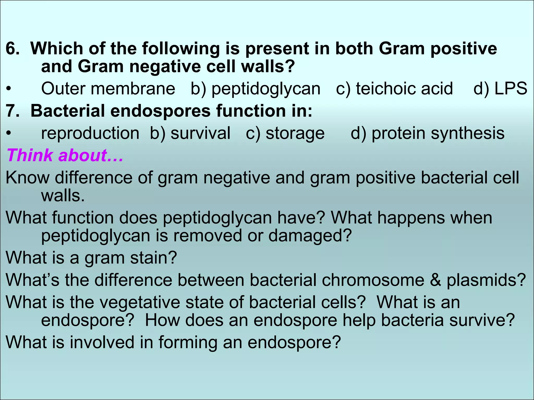 6.  Which of the following is present in both Gram positive and Gram negative cell walls? Outer membrane  b) peptidoglycan  c) teichoic acid  d) LPS 7.  Bacterial endospores function in: reproduction  b) survival  c) storage   d) protein synthesis Think about… Know difference of gram negative and gram positive bacterial cell walls. What function does peptidoglycan have? What happens when peptidoglycan is removed or damaged? What is a gram stain? What’s the difference between bacterial chromosome & plasmids? What is the vegetative state of bacterial cells?  What is an endospore?  How does an endospore help bacteria survive? What is involved in forming an endospore? 