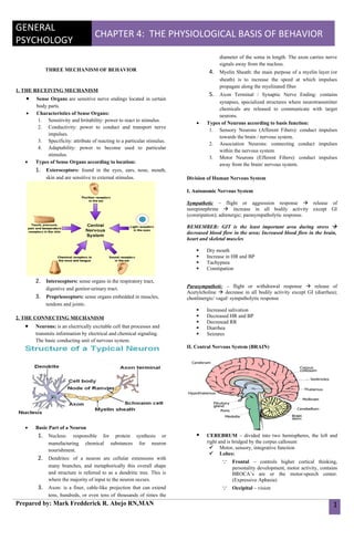 GENERAL
                                    CHAPTER 4: THE PHYSIOLOGICAL BASIS OF BEHAVIOR
PSYCHOLOGY
                                                                                        diameter of the soma in length. The axon carries nerve
                                                                                        signals away from the nucleus.
           THREE MECHANISM OF BEHAVIOR                                              4. Myelin Sheath: the main purpose of a myelin layer (or
                                                                                        sheath) is to increase the speed at which impulses
                                                                                        propagate along the myelinated fiber
1. THE RECEIVING MECHANISM
                                                                                    5. Axon Terminal / Synaptic Nerve Ending: contains
   •   Sense Organs are sensitive nerve endings located in certain
                                                                                        synapses, specialized structures where neurotransmitter
       body parts.
                                                                                        chemicals are released to communicate with target
   •   Characteristics of Sense Organs:                                                 neurons.
        1. Sensitivity and Irritability: power to react to stimulus.
                                                                              •    Types of Neurons according to basis function:
        2. Conductivity: power to conduct and transport nerve
                                                                                    1. Sensory Neurons (Afferent Fibers): conduct impulses
            impulses.
                                                                                        towards the brain / nervous system.
        3. Specificity: attribute of reacting to a particular stimulus.
                                                                                    2. Association Neurons: connecting conduct impulses
        4. Adaptability: power to become used to particular
                                                                                        within the nervous system.
            stimulus.
                                                                                    3. Motor Neurons (Efferent Fibers): conduct impulses
   •   Types of Sense Organs according to location:                                     away from the brain/ nervous system.
       1. Exteroceptors: found in the eyes, ears, nose, mouth,
            skin and are sensitive to external stimulus.                  Division of Human Nervous System

                                                                          I. Autonomic Nervous System

                                                                          Sympathetic – flight or aggression response  release of
                                                                          norepinephrine  increase in all bodily activity except GI
                                                                          (constipation); adrenergic; parasympatholytic response.

                                                                          REMEMBER: GIT is the least important area during stress 
                                                                          decreased blood flow in the area; Increased blood flow in the brain,
                                                                          heart and skeletal muscles

                                                                                  Dry mouth
                                                                                  Increase in HR and BP
                                                                                  Tachypnea
                                                                                  Constipation

       2. Interoceptors: sense organs in the respiratory tract,
            digestive and genitor-urinary tract.                          Parasympathetic – flight or withdrawal response  release of
                                                                          Acetylcholine  decrease in all bodily activity except GI (diarrhea);
       3. Proprieoceptors: sense organs embedded in muscles,              chonlinergic/ vagal/ sympatholytic response
            tendons and joints.
                                                                                  Increased salivation
2. THE CONNECTING MECHANISM                                                       Decreased HR and BP
                                                                                  Decresead RR
   •   Neurons: is an electrically excitable cell that processes and              Diarrhea
       transmits information by electrical and chemical signaling.                Seizures
       The basic conducting unit of nervous system.
                                                                          II. Central Nervous System (BRAIN)




   •   Basic Part of a Neuron
        1. Nucleus: responsible for protein synthesis or                          CEREBRUM – divided into two hemispheres, the left and
             manufacturing     chemical     substances     for   neuron            right and is bridged by the corpus callosum
             nourishment.                                                            Motor, sensory, integrative function
                                                                                     Lobes:
        2. Dendrites: of a neuron are cellular extensions with
                                                                                           Frontal – controls higher cortical thinking,
             many branches, and metaphorically this overall shape                             personality development, motor activity, contains
             and structure is referred to as a dendritic tree. This is                        BROCA’s are or the motor-speech center.
             where the majority of input to the neuron occurs.                                (Expressive Aphasia)
        3. Axon: is a finer, cable-like projection that can extend                         Occipital – vision
             tens, hundreds, or even tens of thousands of times the
Prepared by: Mark Fredderick R. Abejo RN,MAN                                                                                                 1
 
