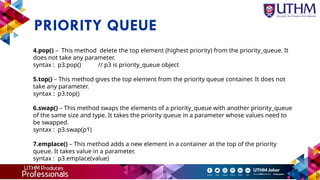 PRIORITY QUEUE
4.pop() – This method delete the top element (highest priority) from the priority_queue. It
does not take any parameter.
syntax : p3.pop() // p3 is priority_queue object
5.top() – This method gives the top element from the priority queue container. It does not
take any parameter.
syntax : p3.top()
6.swap() – This method swaps the elements of a priority_queue with another priority_queue
of the same size and type. It takes the priority queue in a parameter whose values need to
be swapped.
syntax : p3.swap(p1)
7.emplace() – This method adds a new element in a container at the top of the priority
queue. It takes value in a parameter.
syntax : p3.emplace(value)
 