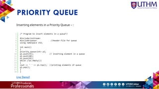 PRIORITY QUEUE
Inserting elements in a Priority Queue – :
Live Demo!!
 