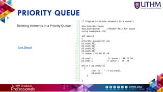PRIORITY QUEUE
Deleting elements in a Priority Queue :
Live Demo!!
 