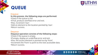 QUEUE
Enqueue
In this process, the following steps are performed:
•Check if the queue is full.
•If full, produce overflow error and exit.
•Else, increment ‘rear’.
•Add an element to the location pointed by ‘rear’.
•Return success.
Dequeue
Dequeue operation consists of the following steps:
•Check if the queue is empty.
•If empty, display an underflow error and exit.
•Else, the access element is pointed out by ‘front’.
•Increment the ‘front’ to point to the next accessible data.
•Return success.
 
