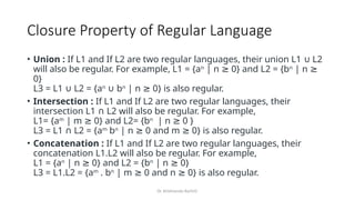 Dr. Krishnendu Rarhi©
Closure Property of Regular Language
• Union : If L1 and If L2 are two regular languages, their union L1 L2
∪
will also be regular. For example, L1 = {an
| n 0} and L2 = {b
≥ n
| n ≥
0}
L3 = L1 L2 = {a
∪ n
b
∪ n
| n 0} is also regular.
≥
• Intersection : If L1 and If L2 are two regular languages, their
intersection L1 L2 will also be regular. For example,
∩
L1= {am
| m 0} and L2= {b
≥ n
| n 0 }
≥
L3 = L1 L2 = {a
∩ m
bn
| n 0 and m 0} is also regular.
≥ ≥
• Concatenation : If L1 and If L2 are two regular languages, their
concatenation L1.L2 will also be regular. For example,
L1 = {an
| n 0} and L2 = {b
≥ n
| n 0}
≥
L3 = L1.L2 = {am
. bn
| m 0 and n 0} is also regular.
≥ ≥
 