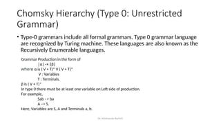Dr. Krishnendu Rarhi©
Chomsky Hierarchy (Type 0: Unrestricted
Grammar)
• Type-0 grammars include all formal grammars. Type 0 grammar language
are recognized by Turing machine. These languages are also known as the
Recursively Enumerable languages.
Grammar Production in the form of
|α| -> |β|
where α is ( V + T)* V ( V + T)*
V : Variables
T : Terminals.
β is ( V + T)*
In type 0 there must be at least one variable on Left side of production.
For example,
Sab –> ba
A –> S.
Here, Variables are S, A and Terminals a, b.
 