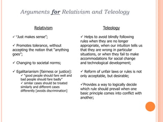Arguments for Relativism and TeleologyRelativism “Just makes sense”;