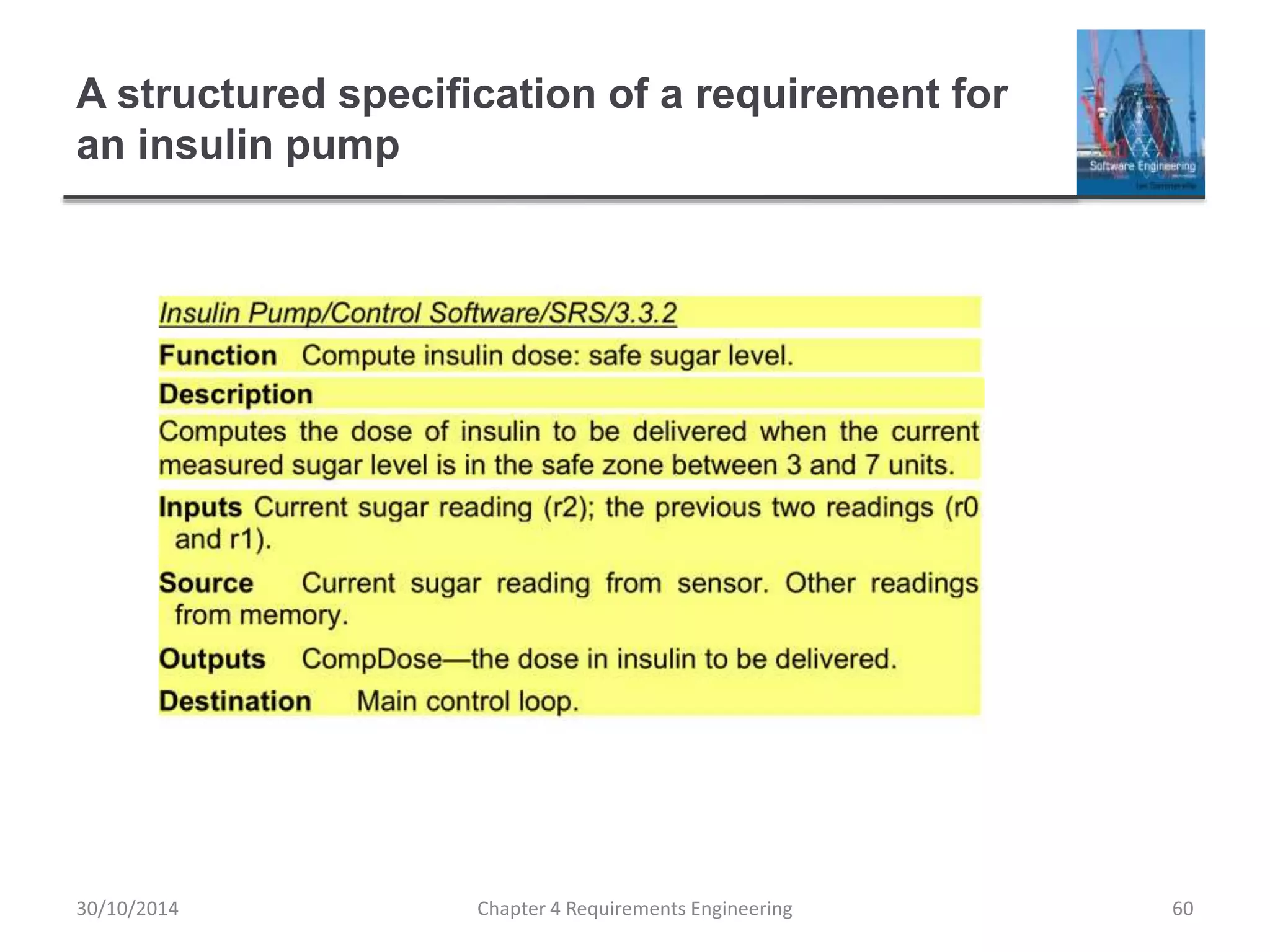 A structured specification of a requirement for
an insulin pump
Chapter 4 Requirements Engineering 60
30/10/2014
 