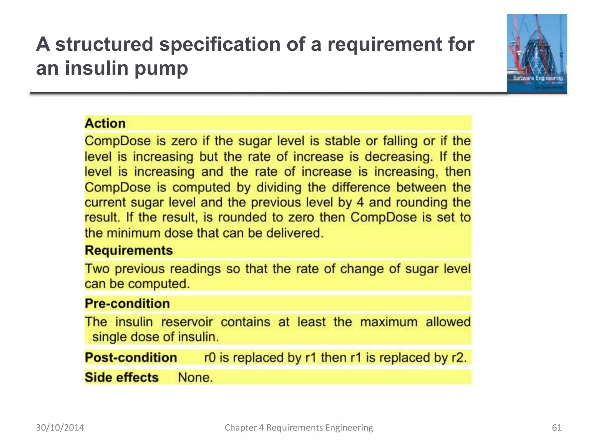 A structured specification of a requirement for
an insulin pump
Chapter 4 Requirements Engineering 61
30/10/2014
 