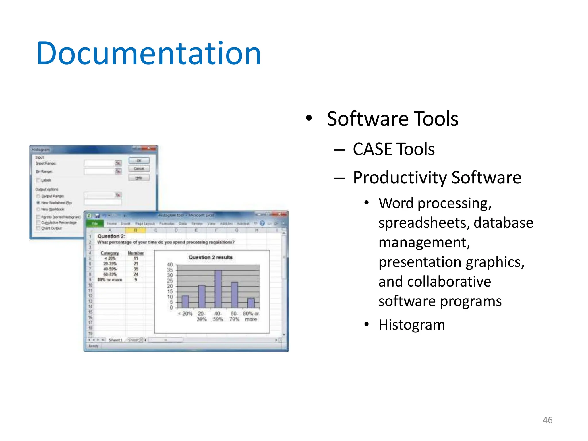 Documentation
• Software Tools
– CASE Tools
– Productivity Software
• Word processing,
spreadsheets, database
management,
presentation graphics,
and collaborative
software programs
• Histogram
46
 