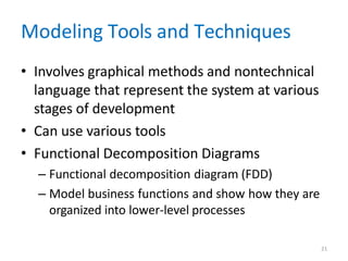 21
Modeling Tools and Techniques
• Involves graphical methods and nontechnical
language that represent the system at various
stages of development
• Can use various tools
• Functional Decomposition Diagrams
– Functional decomposition diagram (FDD)
– Model business functions and show how they are
organized into lower-level processes
 