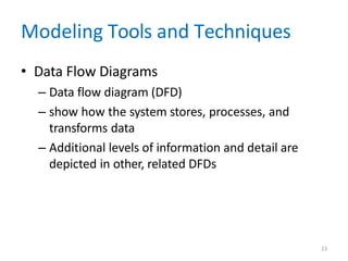 23
Modeling Tools and Techniques
• Data Flow Diagrams
– Data flow diagram (DFD)
– show how the system stores, processes, and
transforms data
– Additional levels of information and detail are
depicted in other, related DFDs
 