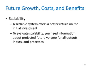 30
Future Growth, Costs, and Benefits
• Scalability
– A scalable system offers a better return on the
initial investment
– To evaluate scalability, you need information
about projected future volume for all outputs,
inputs, and processes
 