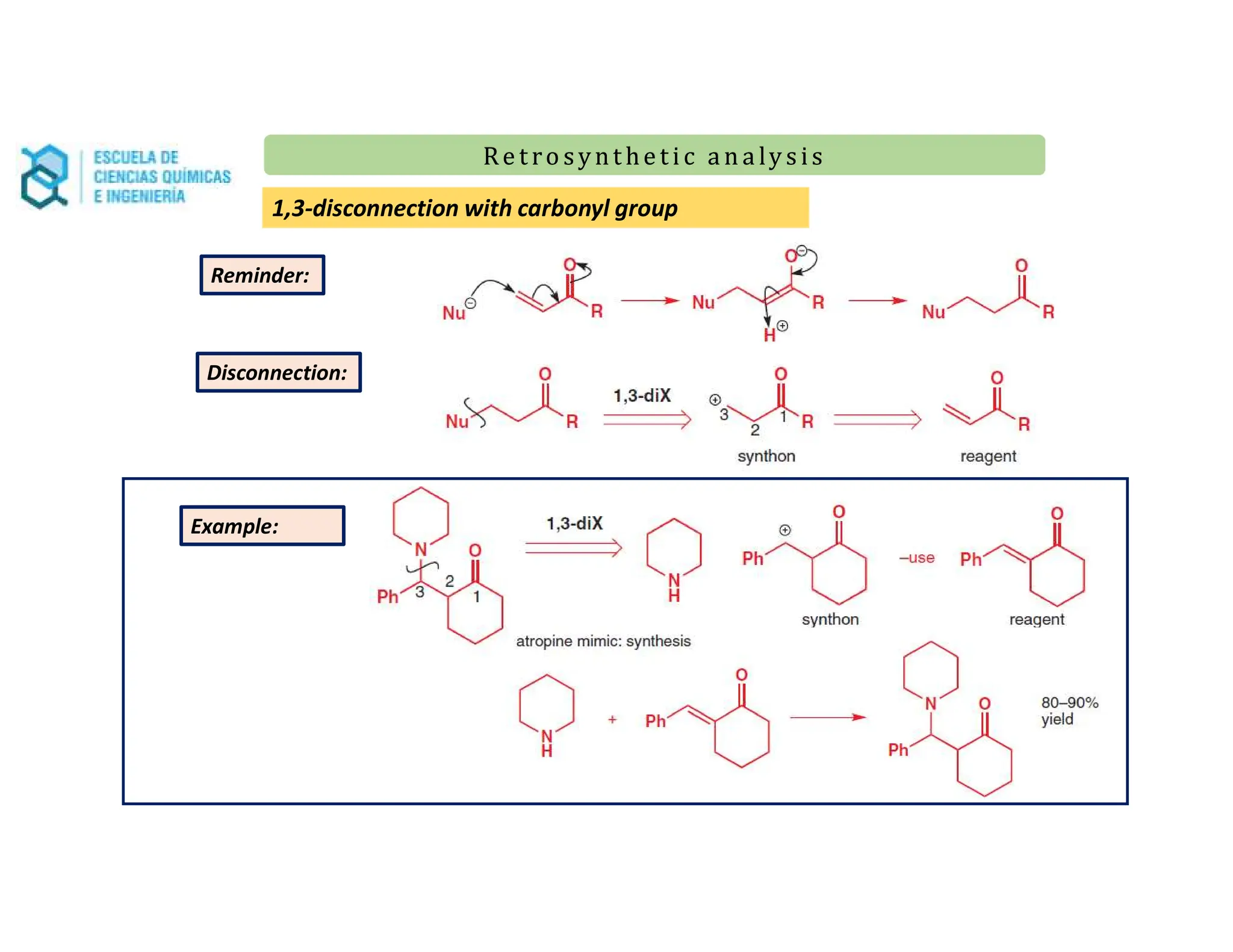 Re t ro synt he t i c a n a ly s is
Re t ro synt he t i c a n a ly s is
1,3-disconnection with carbonyl group
Reminder:
Disconnection:
Example:
 