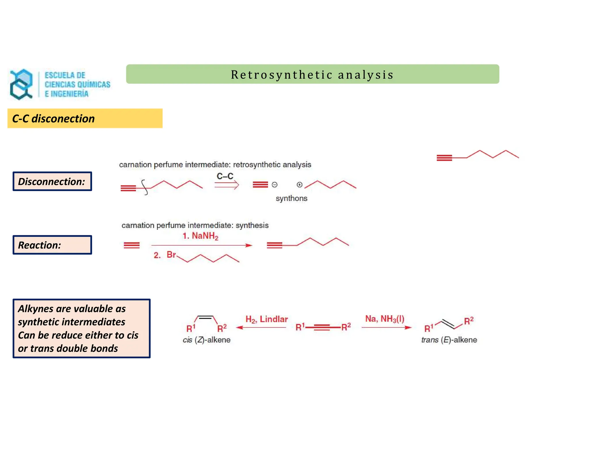 Re t ro synt he t i c a n a ly s is
Re t ro synt he t i c a n a ly s is
C-C disconection
Disconnection:
Reaction:
Alkynes are valuable as
synthetic intermediates
Can be reduce either to cis
or trans double bonds
 