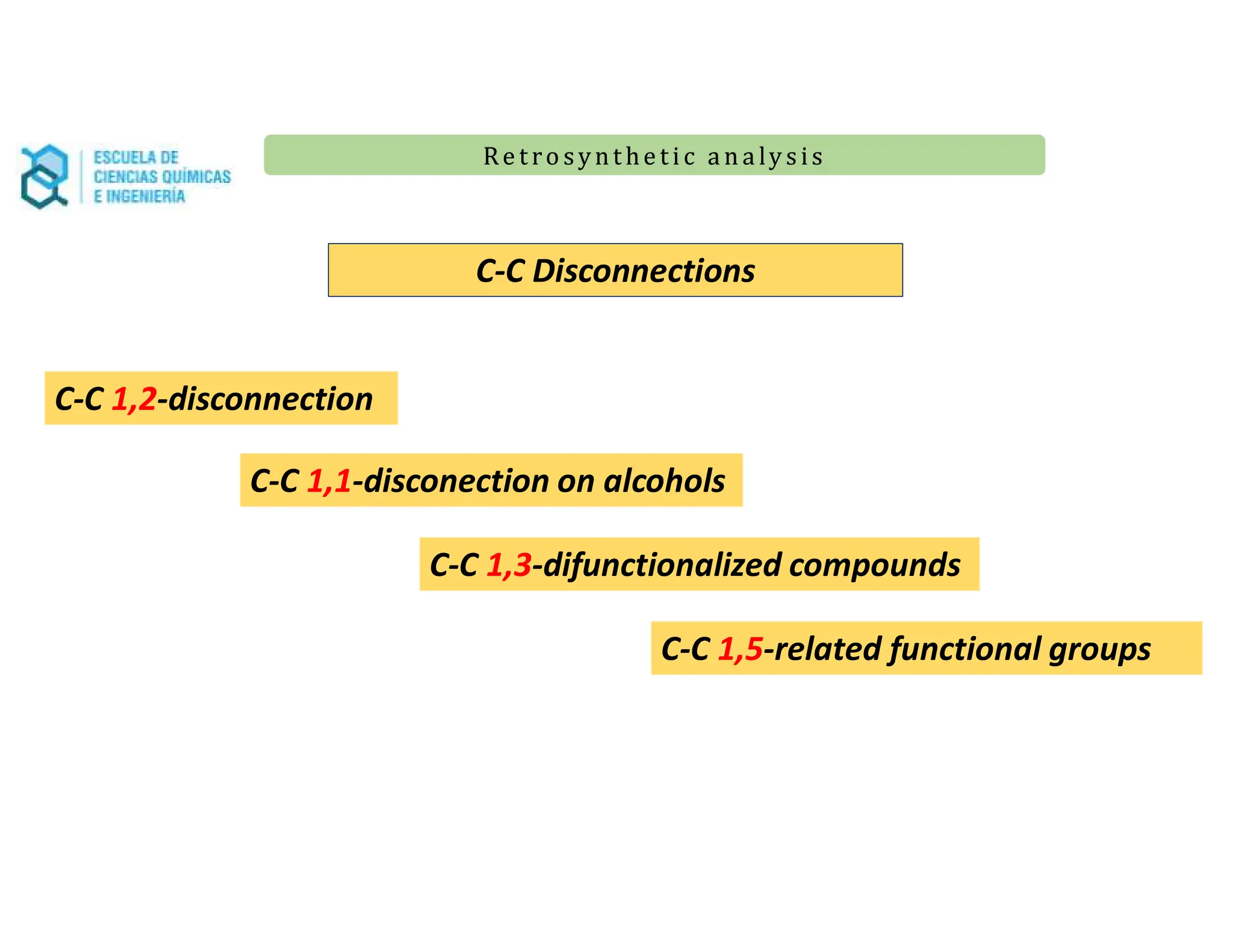 Re t ro synt he t i c a n a ly s is
Re t ro synt he t i c a n a ly s is
C-C Disconnections
C-C 1,2-disconnection
C-C 1,1-disconection on alcohols
C-C 1,3-difunctionalized compounds
C-C 1,5-related functional groups
 