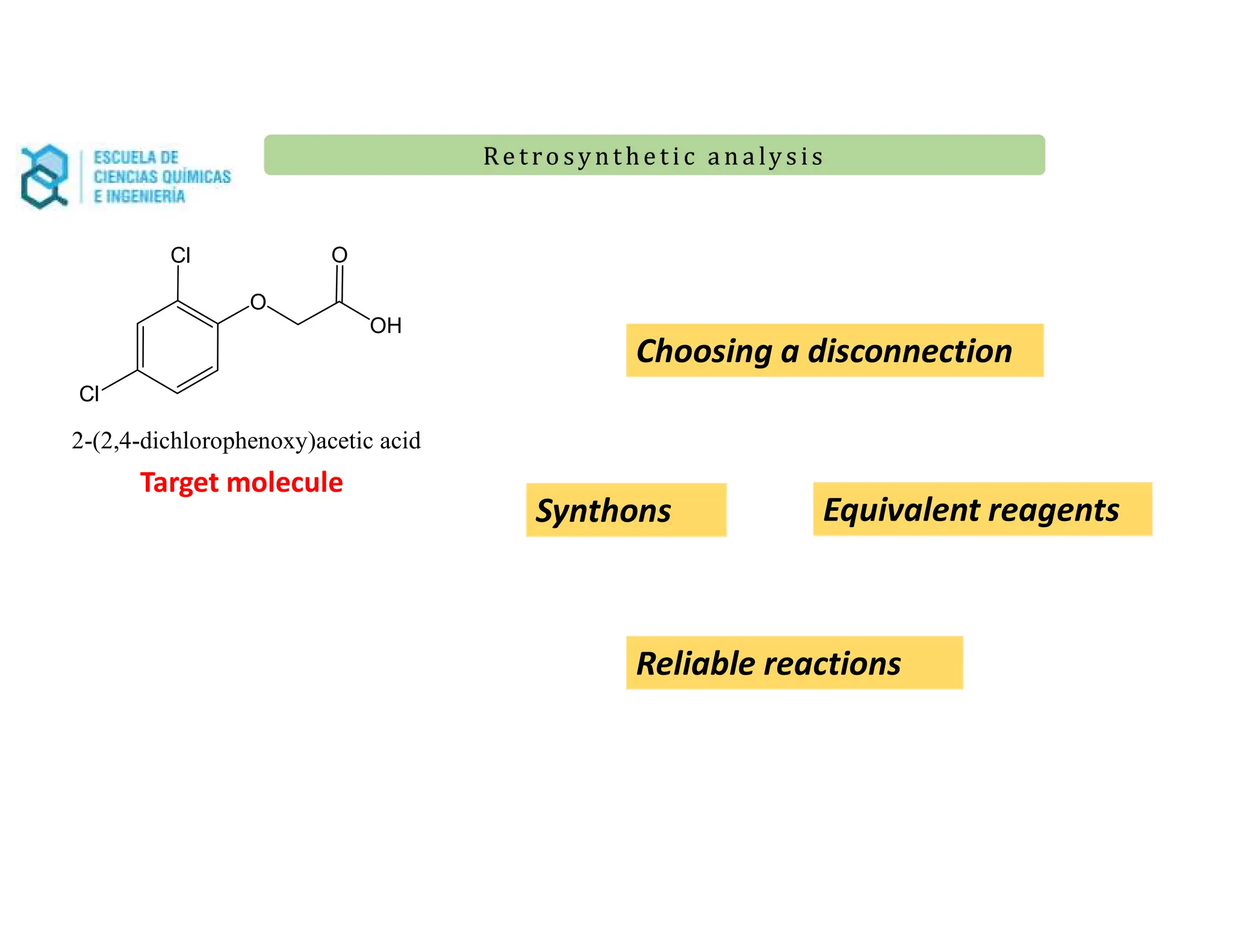 Re t ro synt he t i c a n a ly s is
Re t ro synt he t i c a n a ly s is
Cl
Cl
O
O
OH
2-(2,4-dichlorophenoxy)acetic acid
Target molecule
Choosing a disconnection
Synthons Equivalent reagents
Reliable reactions
 