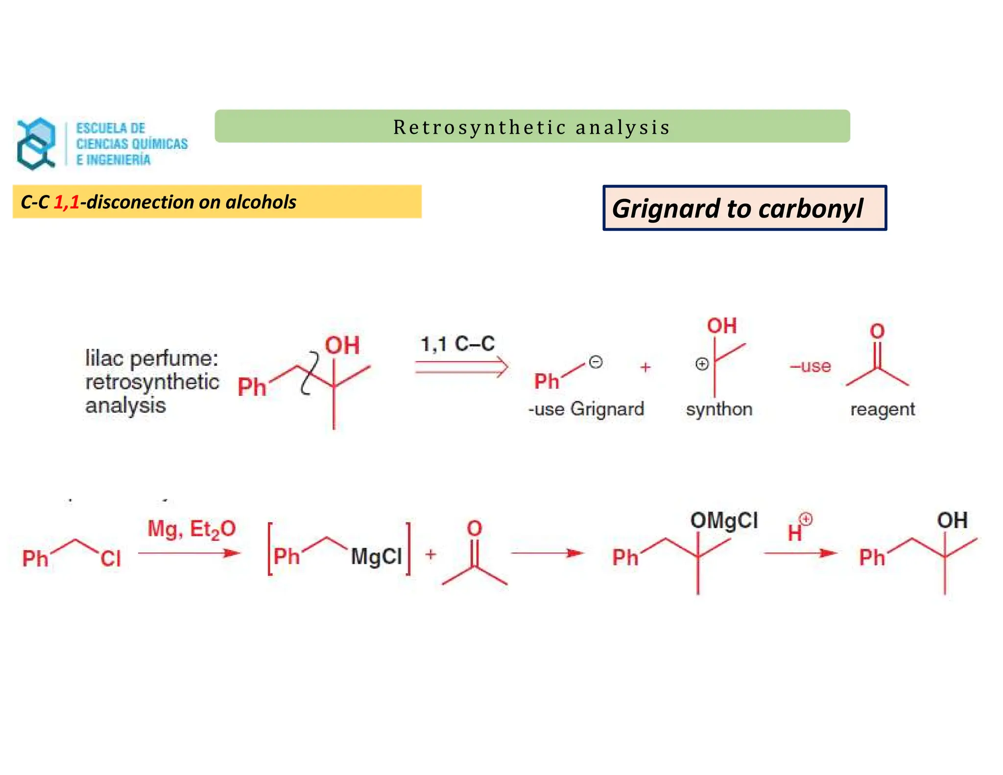 Re t ro synt he t i c a n a ly s is
Re t ro synt he t i c a n a ly s is
C-C 1,1-disconection on alcohols Grignard to carbonyl
 