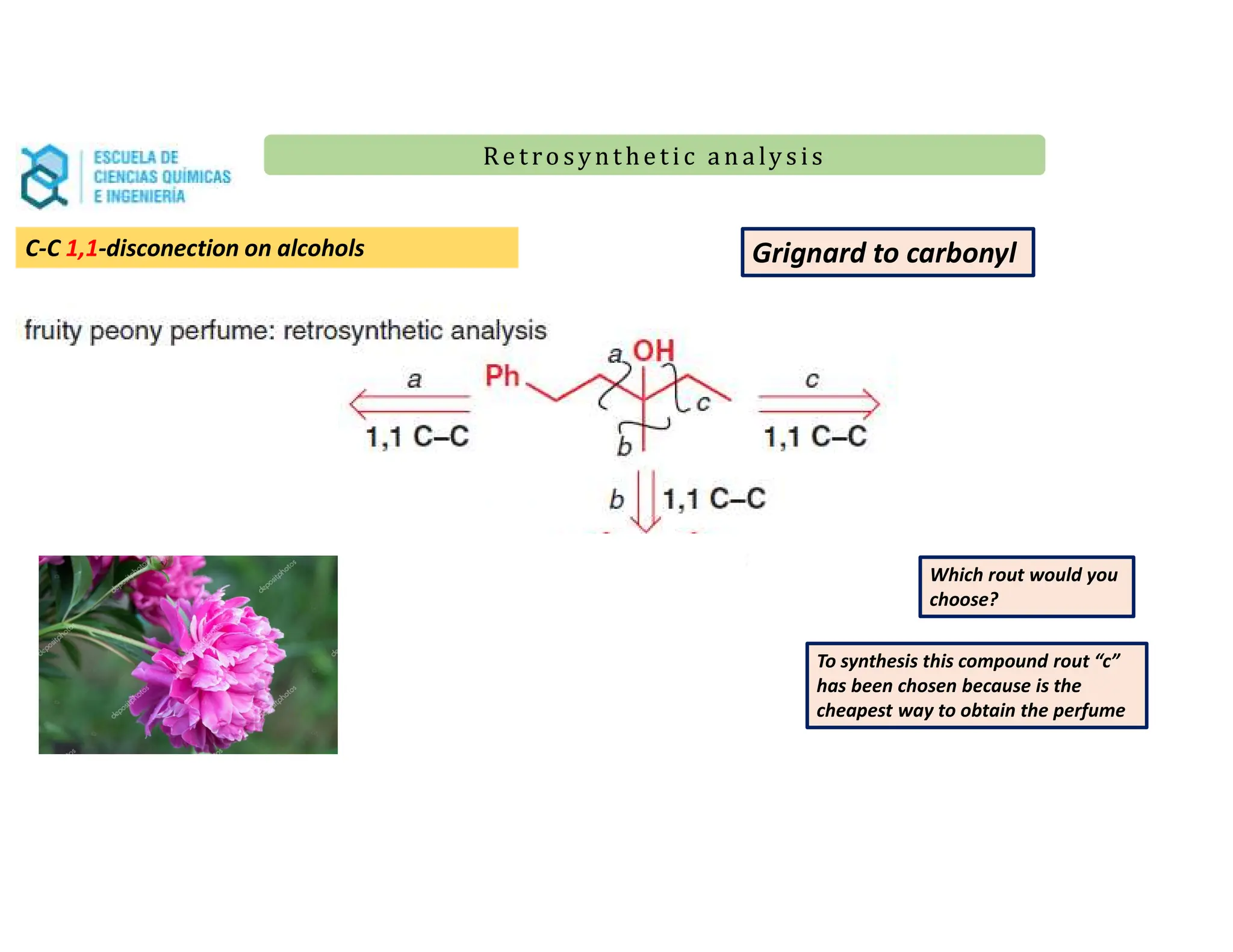 Re t ro synt he t i c a n a ly s is
Re t ro synt he t i c a n a ly s is
C-C 1,1-disconection on alcohols Grignard to carbonyl
To synthesis this compound rout “c”
has been chosen because is the
cheapest way to obtain the perfume
Which rout would you
choose?
 