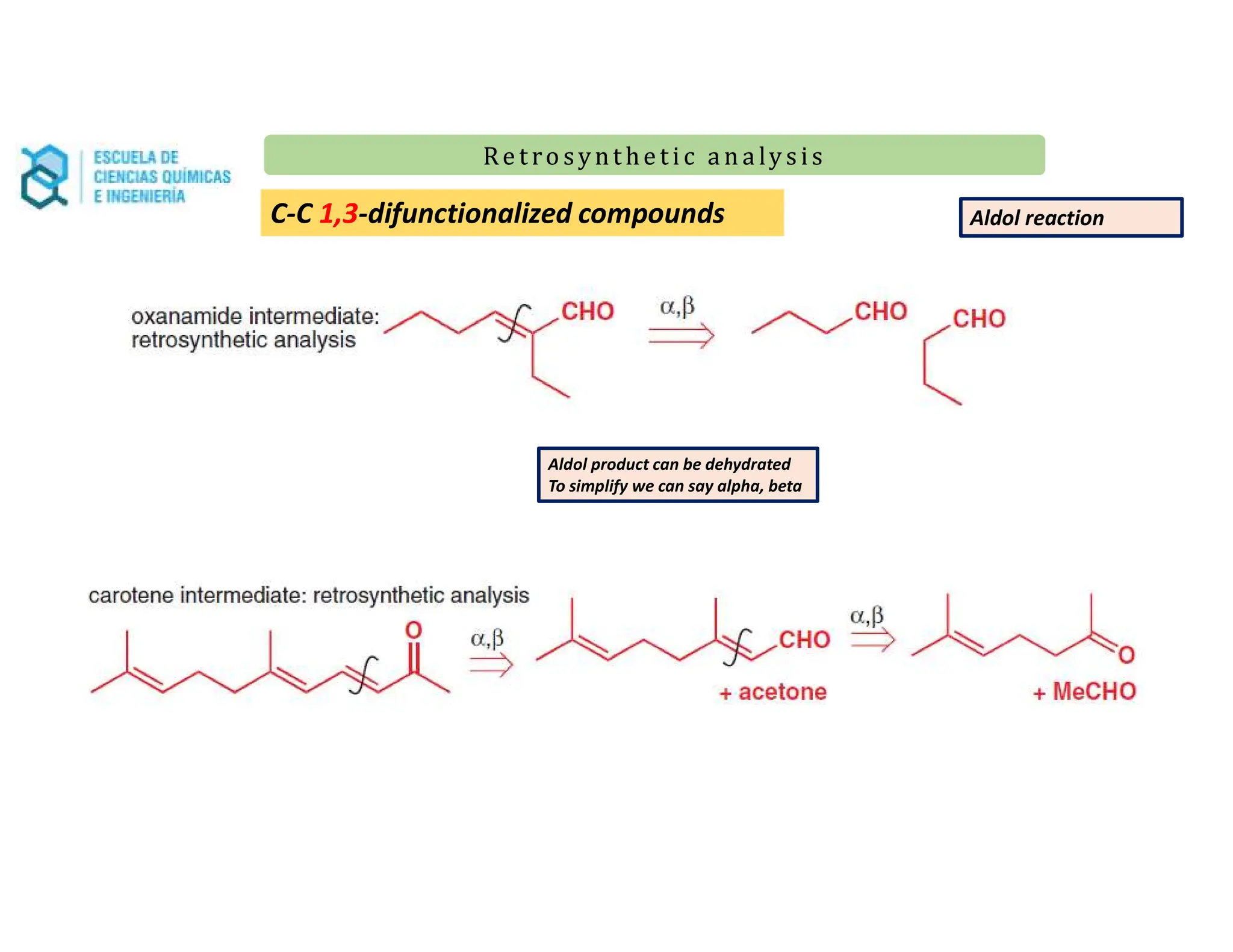 Re t ro synt he t i c a n a ly s is
Re t ro synt he t i c a n a ly s is
Aldol reaction
Aldol product can be dehydrated
To simplify we can say alpha, beta
C-C 1,3-difunctionalized compounds
 
