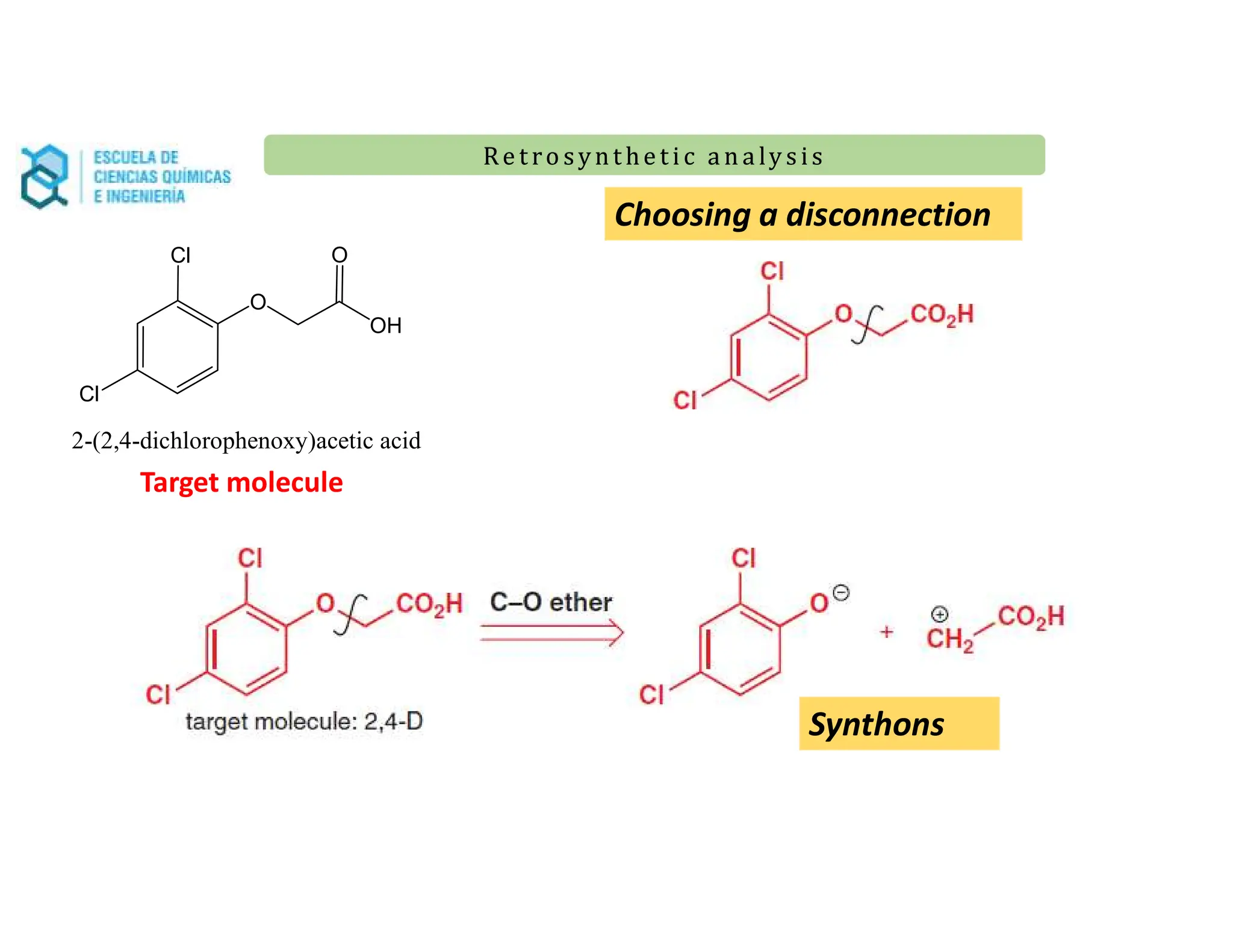Re t ro synt he t i c a n a ly s is
Re t ro synt he t i c a n a ly s is
Cl
Cl
O
O
OH
2-(2,4-dichlorophenoxy)acetic acid
Target molecule
Choosing a disconnection
Synthons
 