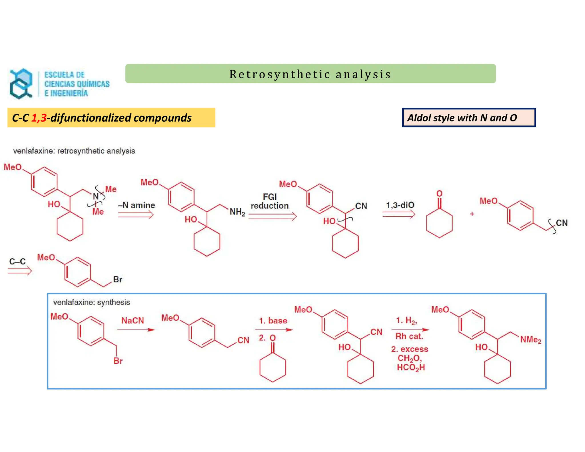 Re t ro synt he t i c a n a ly s is
Re t ro synt he t i c a n a ly s is
Aldol style with N and O
C-C 1,3-difunctionalized compounds
 