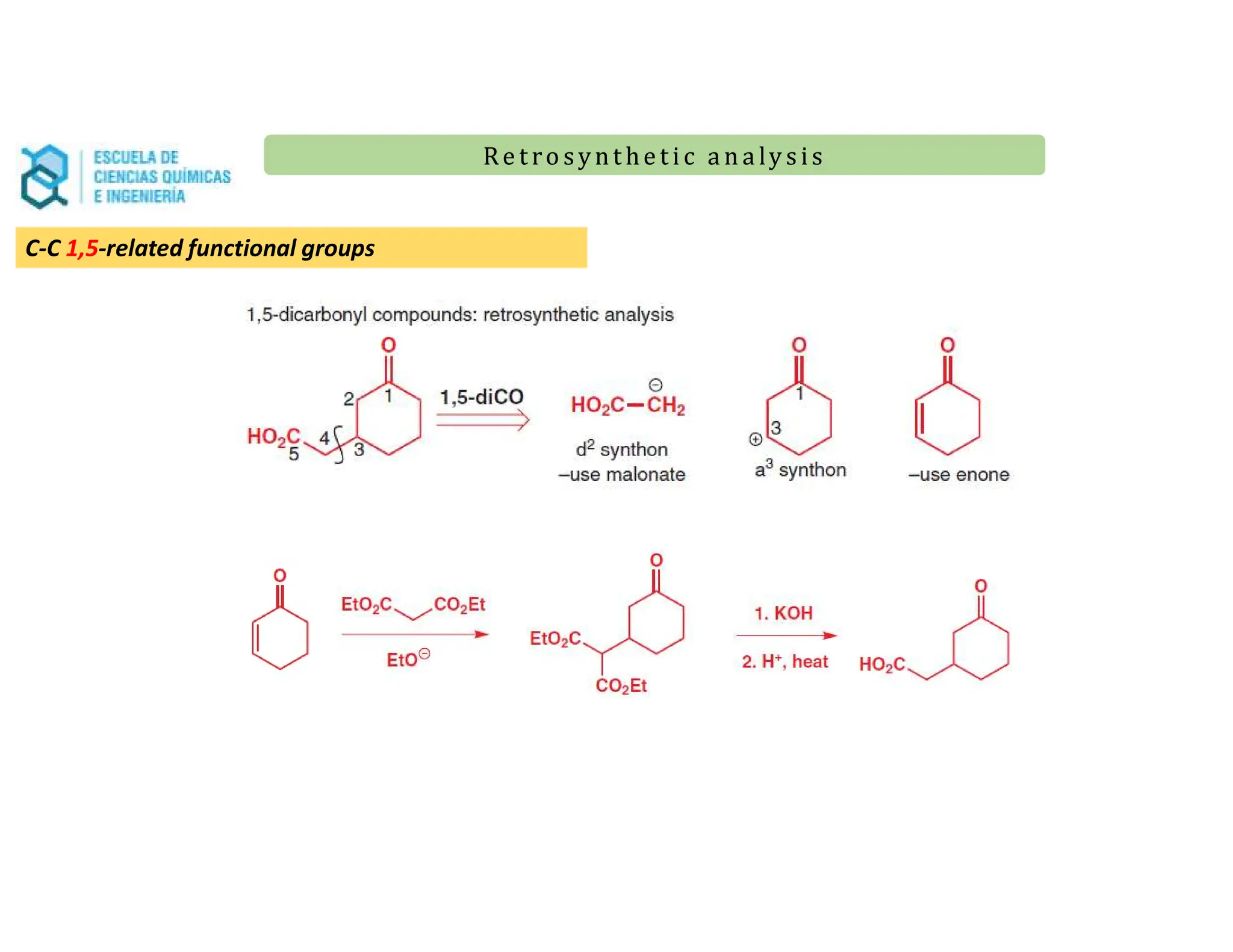 Re t ro synt he t i c a n a ly s is
Re t ro synt he t i c a n a ly s is
C-C 1,5-related functional groups
 