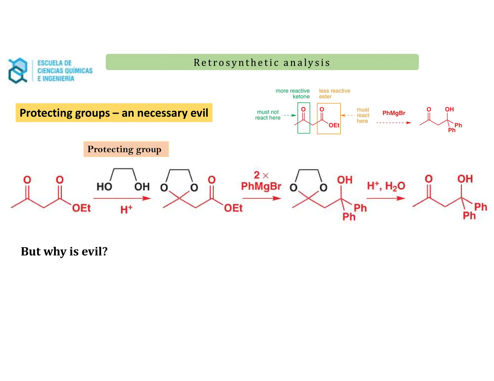 Re t ro synt he t i c a n a ly s is
Re t ro synt he t i c a n a ly s is
Protecting groups – an necessary evil
Protecting group
But why is evil?
• We need to add two reactions protecting/deprotecting – we will lost some
material – lower global yield
• Atom economy
 