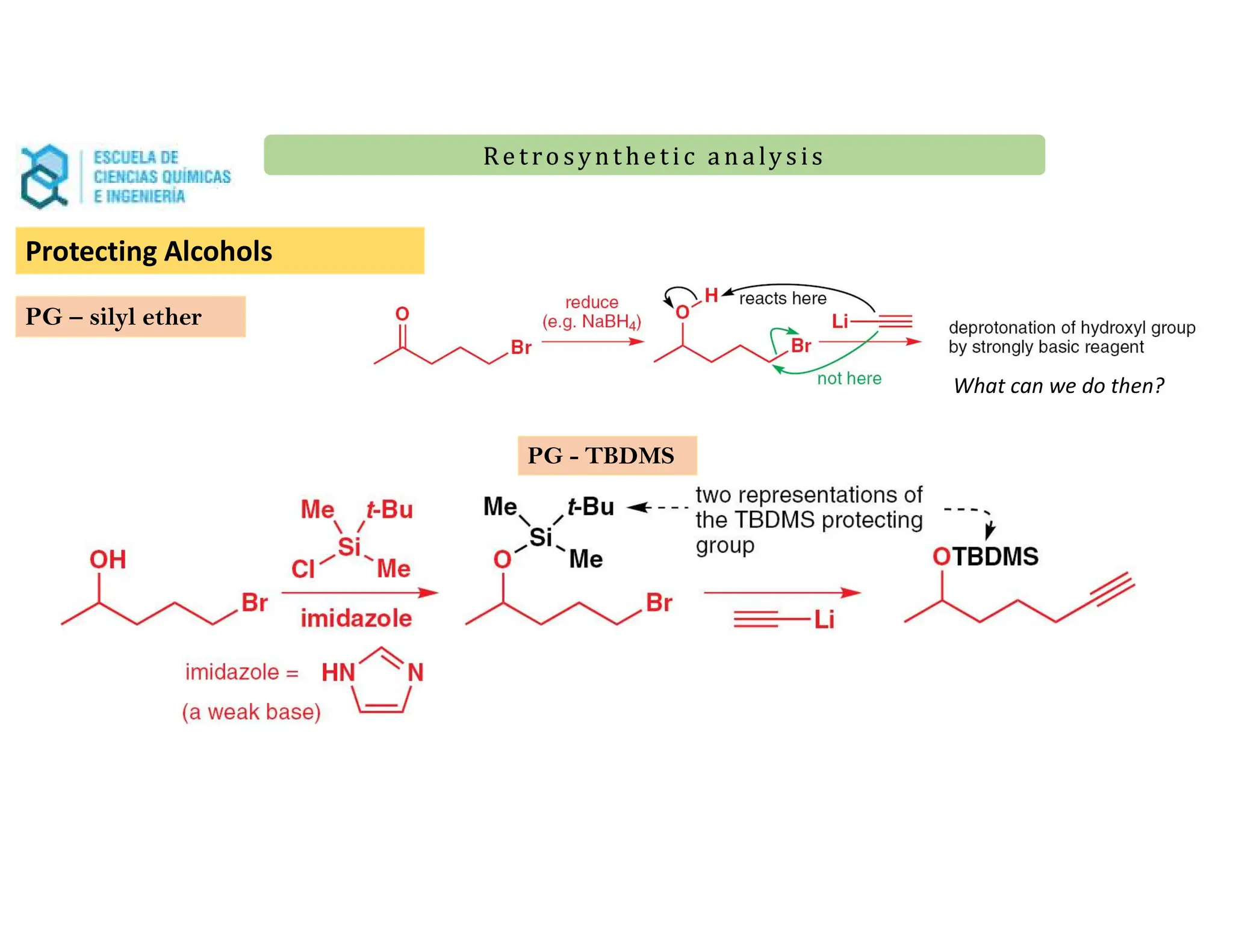 Re t ro synt he t i c a n a ly s is
Re t ro synt he t i c a n a ly s is
Protecting Alcohols
PG – silyl ether
What can we do then?
PG - TBDMS
 