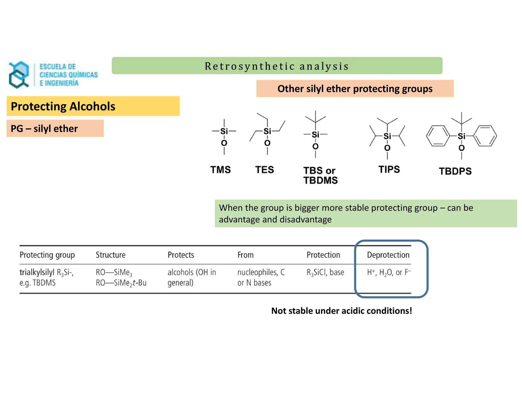 Re t ro synt he t i c a n a ly s is
Re t ro synt he t i c a n a ly s is
PG – silyl ether
Other silyl ether protecting groups
When the group is bigger more stable protecting group – can be
advantage and disadvantage
Not stable under acidic conditions!
Protecting Alcohols
 