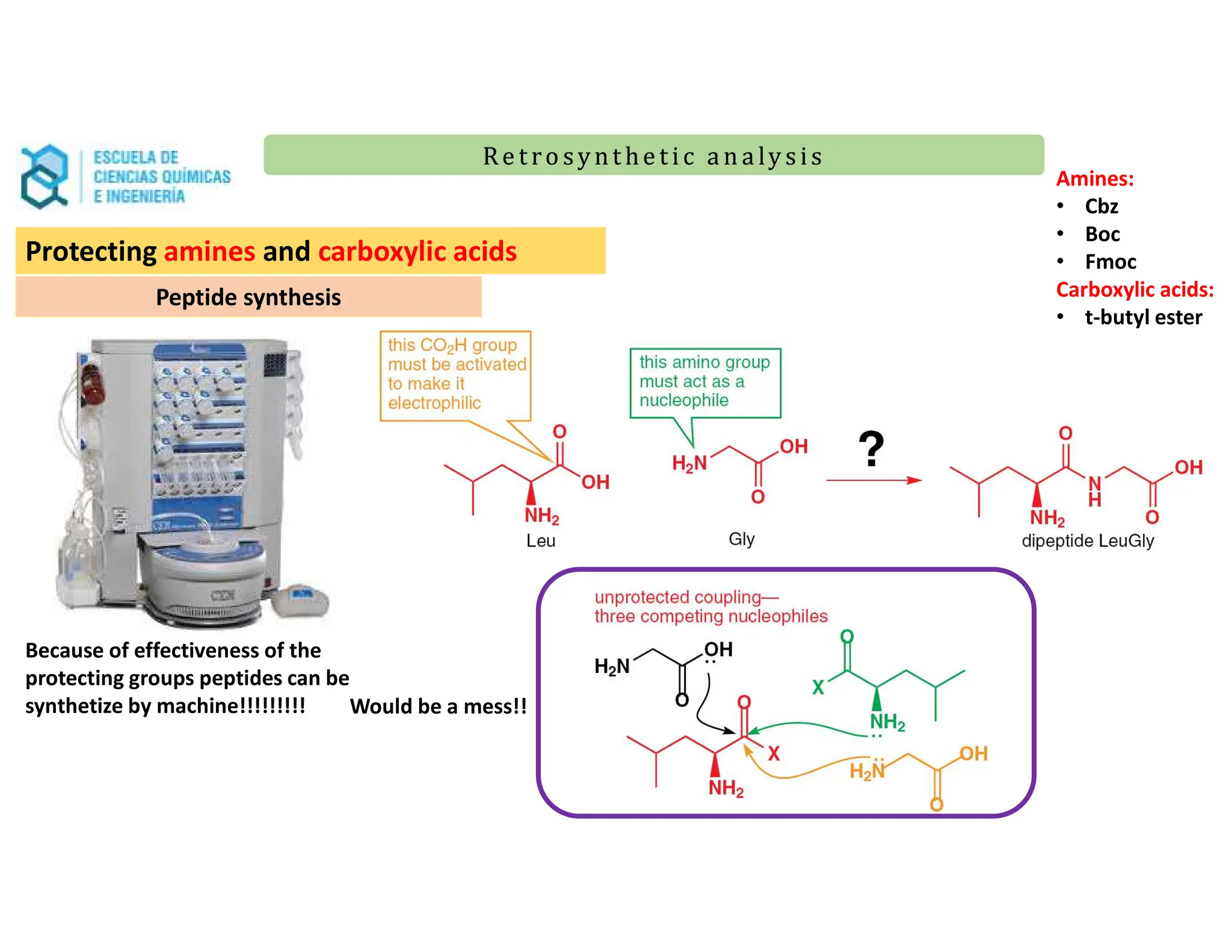 Re t ro synt he t i c a n a ly s is
Re t ro synt he t i c a n a ly s is
Protecting amines and carboxylic acids
Peptide synthesis
Because of effectiveness of the
protecting groups peptides can be
synthetize by machine!!!!!!!!!
Amines:
• Cbz
• Boc
• Fmoc
Carboxylic acids:
• t-butyl ester
Would be a mess!!
 