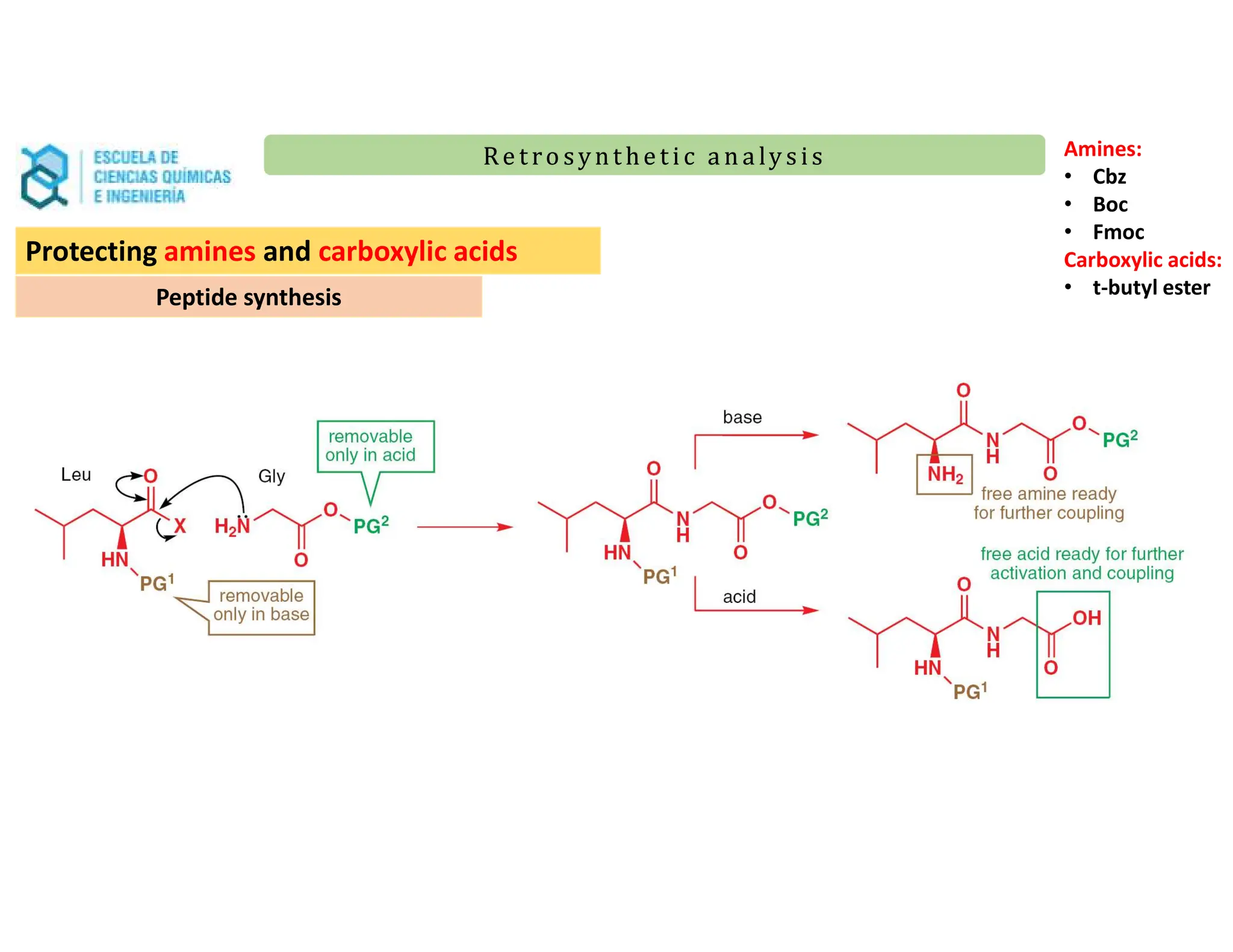 Re t ro synt he t i c a n a ly s is
Re t ro synt he t i c a n a ly s is
Protecting amines and carboxylic acids
Peptide synthesis
Amines:
• Cbz
• Boc
• Fmoc
Carboxylic acids:
• t-butyl ester
 