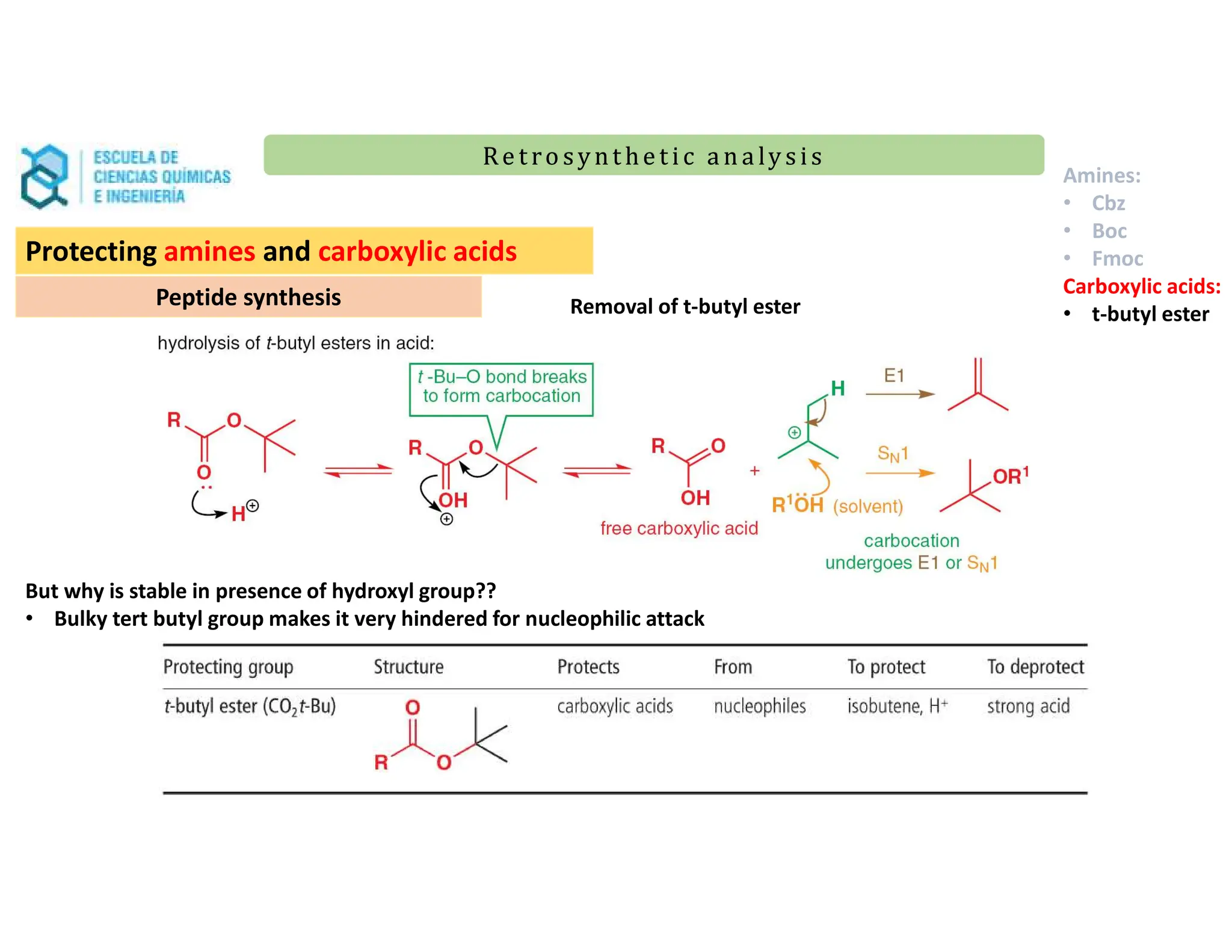 Re t ro synt he t i c a n a ly s is
Re t ro synt he t i c a n a ly s is
Protecting amines and carboxylic acids
Peptide synthesis
Amines:
• Cbz
• Boc
• Fmoc
Carboxylic acids:
• t-butyl ester
But why is stable in presence of hydroxyl group??
• Bulky tert butyl group makes it very hindered for nucleophilic attack
Removal of t-butyl ester
 