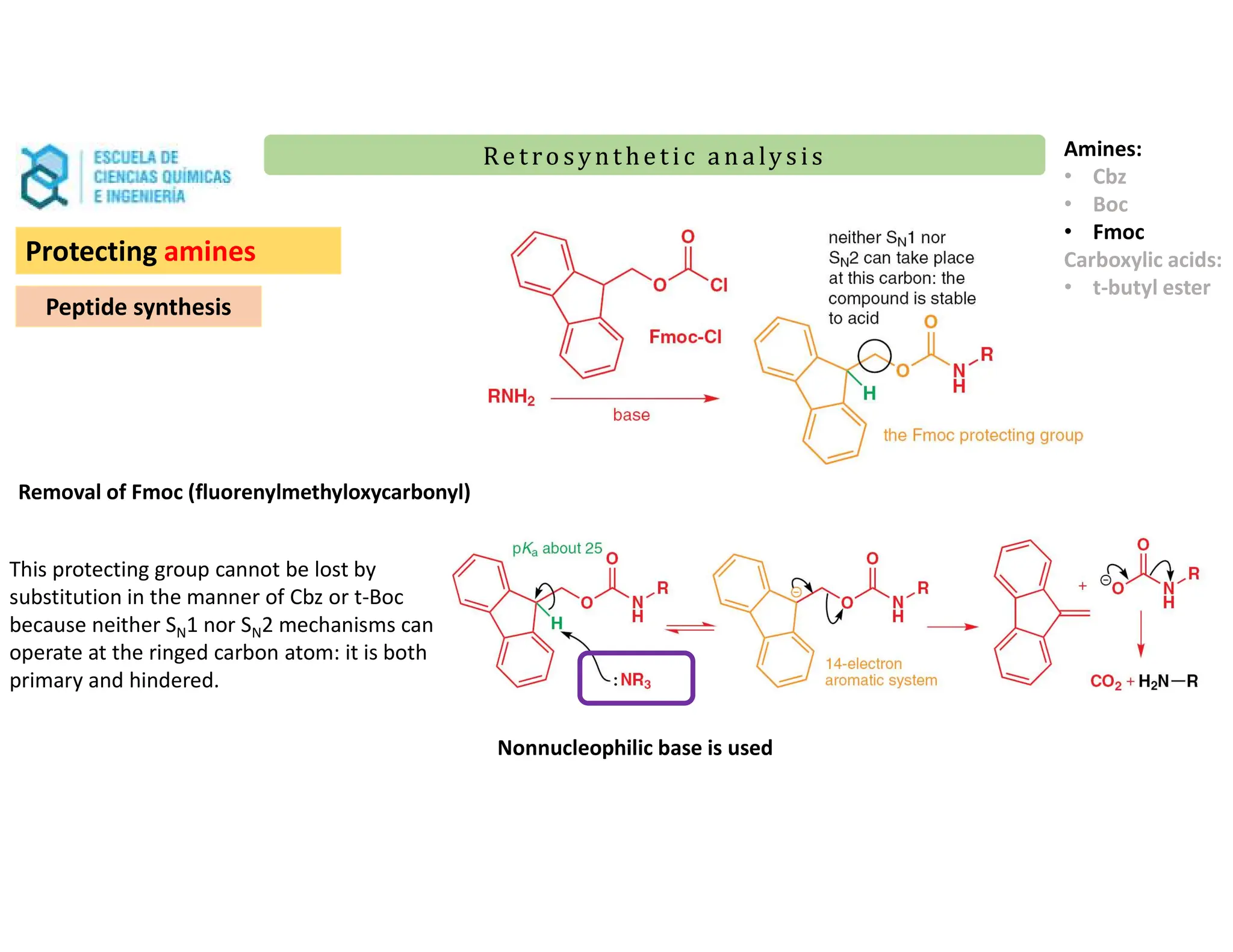 Re t ro synt he t i c a n a ly s is
Re t ro synt he t i c a n a ly s is
Protecting amines
Peptide synthesis
Amines:
• Cbz
• Boc
• Fmoc
Carboxylic acids:
• t-butyl ester
Removal of Fmoc (fluorenylmethyloxycarbonyl)
Nonnucleophilic base is used
This protecting group cannot be lost by
substitution in the manner of Cbz or t-Boc
because neither SN1 nor SN2 mechanisms can
operate at the ringed carbon atom: it is both
primary and hindered.
 