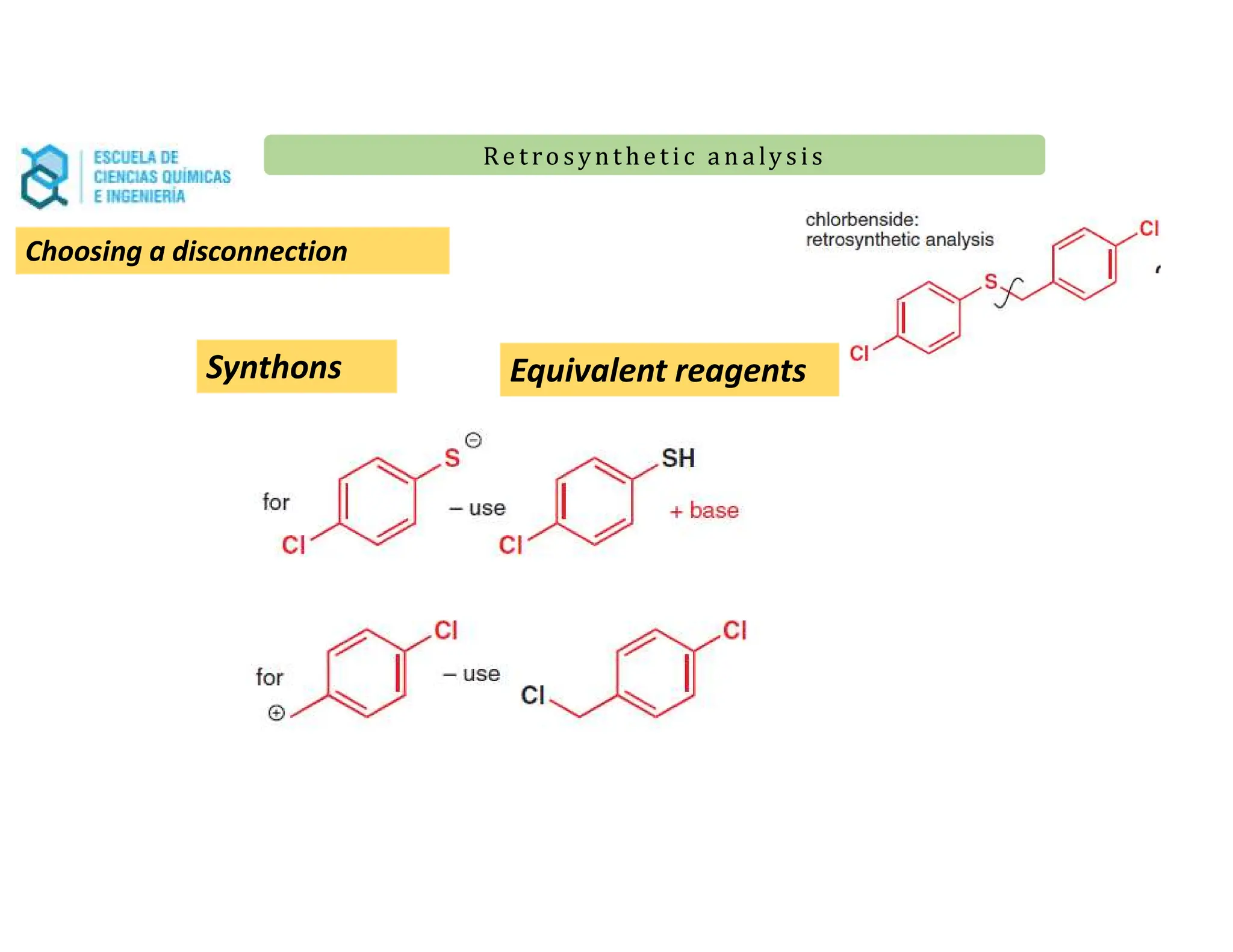 Re t ro synt he t i c a n a ly s is
Re t ro synt he t i c a n a ly s is
Choosing a disconnection
Synthons Equivalent reagents
 