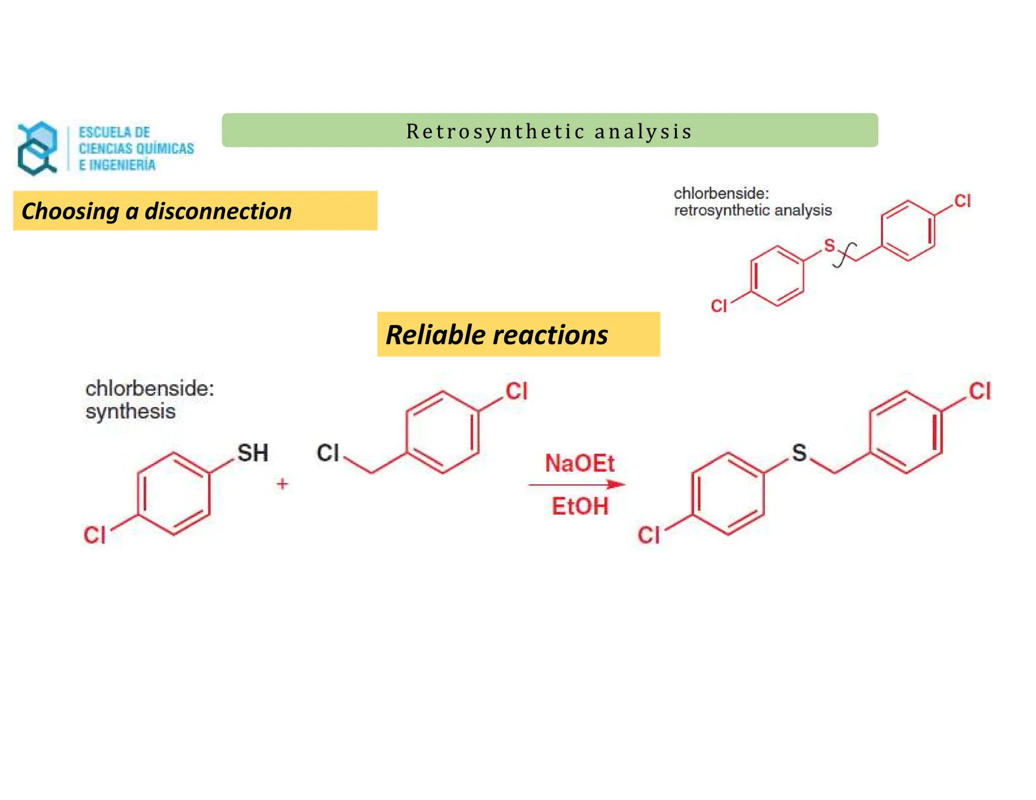 Re t ro synt he t i c a n a ly s is
Re t ro synt he t i c a n a ly s is
Choosing a disconnection
Reliable reactions
 