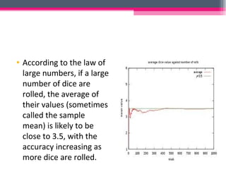 • According to the law of
large numbers, if a large
number of dice are
rolled, the average of
their values (sometimes
called the sample
mean) is likely to be
close to 3.5, with the
accuracy increasing as
more dice are rolled.
 