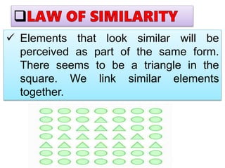  Elements that look similar will be
perceived as part of the same form.
There seems to be a triangle in the
square. We link similar elements
together.
 
