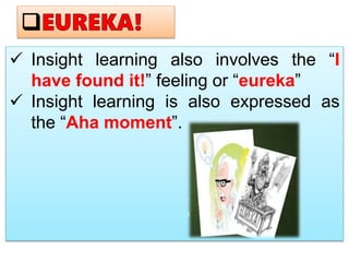  Insight learning also involves the “I
have found it!” feeling or “eureka”
 Insight learning is also expressed as
the “Aha moment”.
 