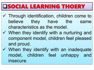  Through identification, children come to
believe they have the same
characteristics as the model.
 When they identify with a nurturing and
component model, children feel pleased
and proud.
 When they identify with an inadequate
model, children feel unhappy and
insecure.
 