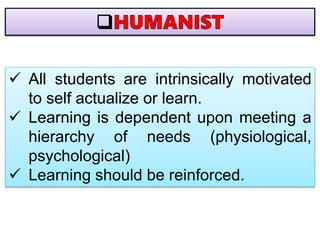  All students are intrinsically motivated
to self actualize or learn.
 Learning is dependent upon meeting a
hierarchy of needs (physiological,
psychological)
 Learning should be reinforced.
 