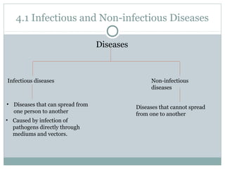 4.1 Infectious and Non-infectious Diseases
Diseases
Infectious diseases Non-infectious
diseases
• Diseases that can spread from
one person to another
Diseases that cannot spread
from one to another
• Caused by infection of
pathogens directly through
mediums and vectors.
 