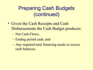 Preparing Cash Budgets 
(continued) 
• Given the Cash Receipts and Cash 
Disbursements the Cash Budget produces: 
– Net Cash Flows, 
– Ending period cash, and 
– Any required total financing needs or excess 
cash balances. 
© 2004 Pearson 
4-11 
 