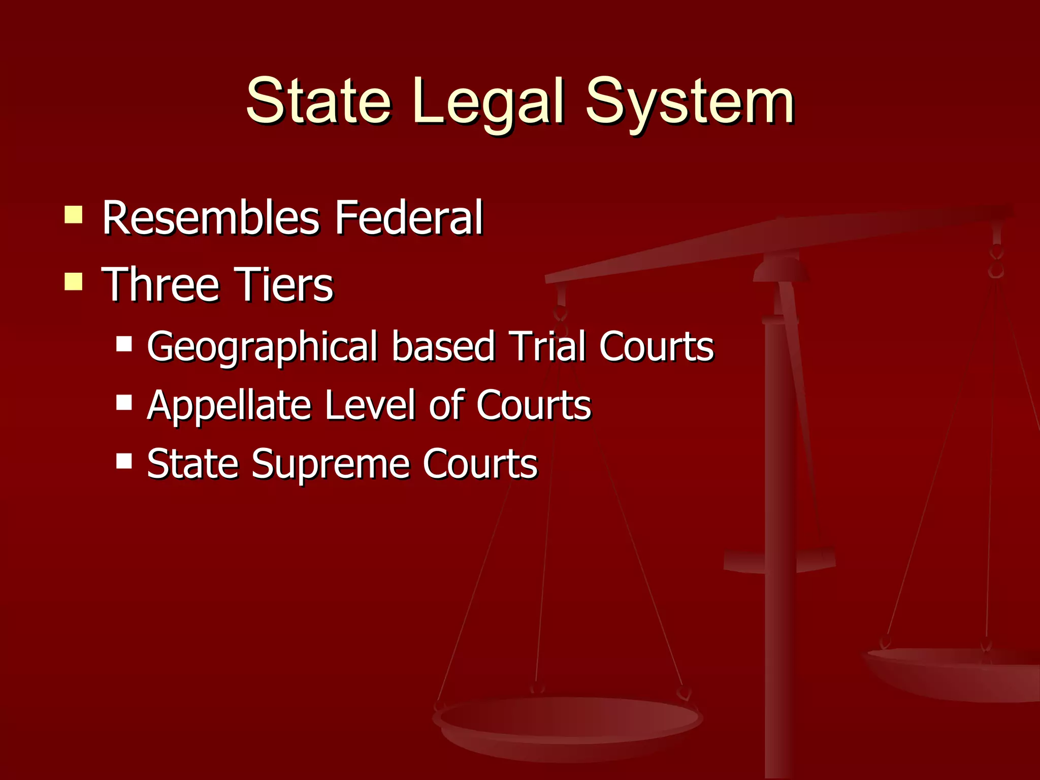 State Legal System Resembles Federal Three Tiers Geographical based Trial Courts Appellate Level of Courts State Supreme Courts 