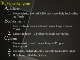 V.Major Religions
A.Judaism
1.

Monotheistic; evolved 3,200 years ago; holy book called
the Torah.

B.Christianity
1.

Evolved from Judaism; based on teachings of Jesus
Christ.

2.

Largest religion—2 billion followers worldwide.

C.Islam
1.

Monotheistic; based on teachings of Prophet
Muhammad.

2.
3.

Followers, called Muslims, worship God, called Allah.

Holy book called the Qur’an.

 