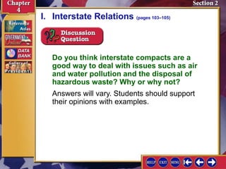 Do you think interstate compacts are a
good way to deal with issues such as air
and water pollution and the disposal of
hazardous waste? Why or why not?
Answers will vary. Students should support
their opinions with examples.
I. Interstate Relations (pages 103–105)
 
