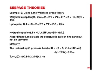SEEPAGE THEORIES
Example: 2. Using Lane Weighted Creep theory
Weighted creep length, Lwc = 2 + 2*5 + 2*3 + 2*7 + 2 + (10+20)/3 =
44m
Up to point D, LwcD = 2 + 2*5 + 3*2 +15/3 = 23m
Hydraulic gradient, i = HL/L=∆H/Lwc=6/44=1/7.3
According to Lane’s table the structure is safe on fine sand but
not on very fine
Similarly
The residual uplift pressure head at D = UD = ∆H(1-LwcD/Lwc)
=6(1-23/44)=2.86m
TD=hD/(G-1)=2.86/(2.24-1)=2.3m
21
 